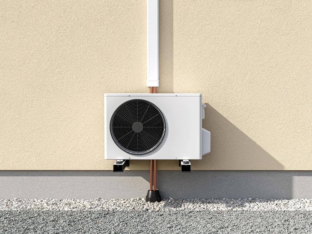 Groupe extérieur de climatisation sur plots antivibratiles, liaison cuivre protégée par une goulotte