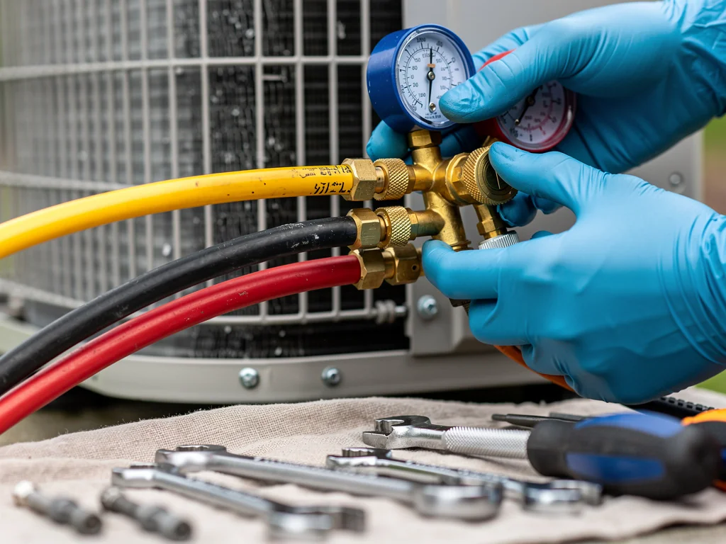Manifold et flexibles raccordés aux vannes du groupe extérieur pour la mise sous vide du circuit