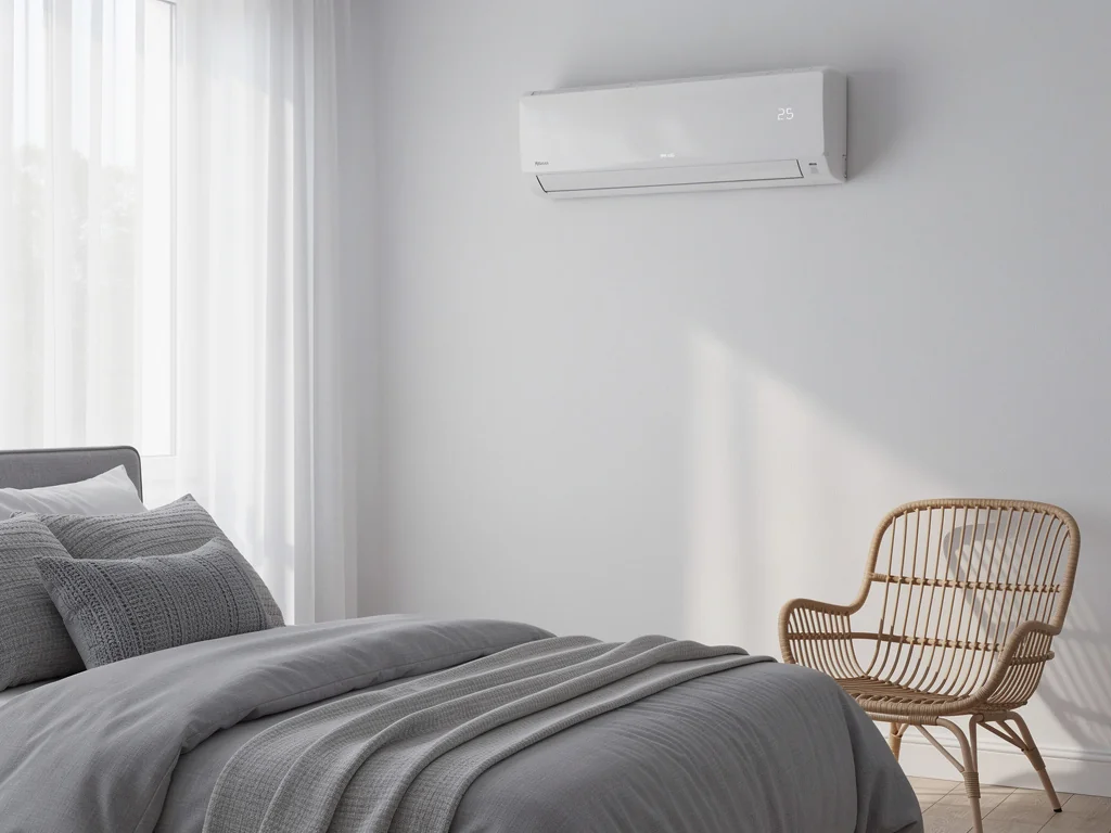Unité intérieure de multisplit fixée en hauteur dans une chambre aux tons gris